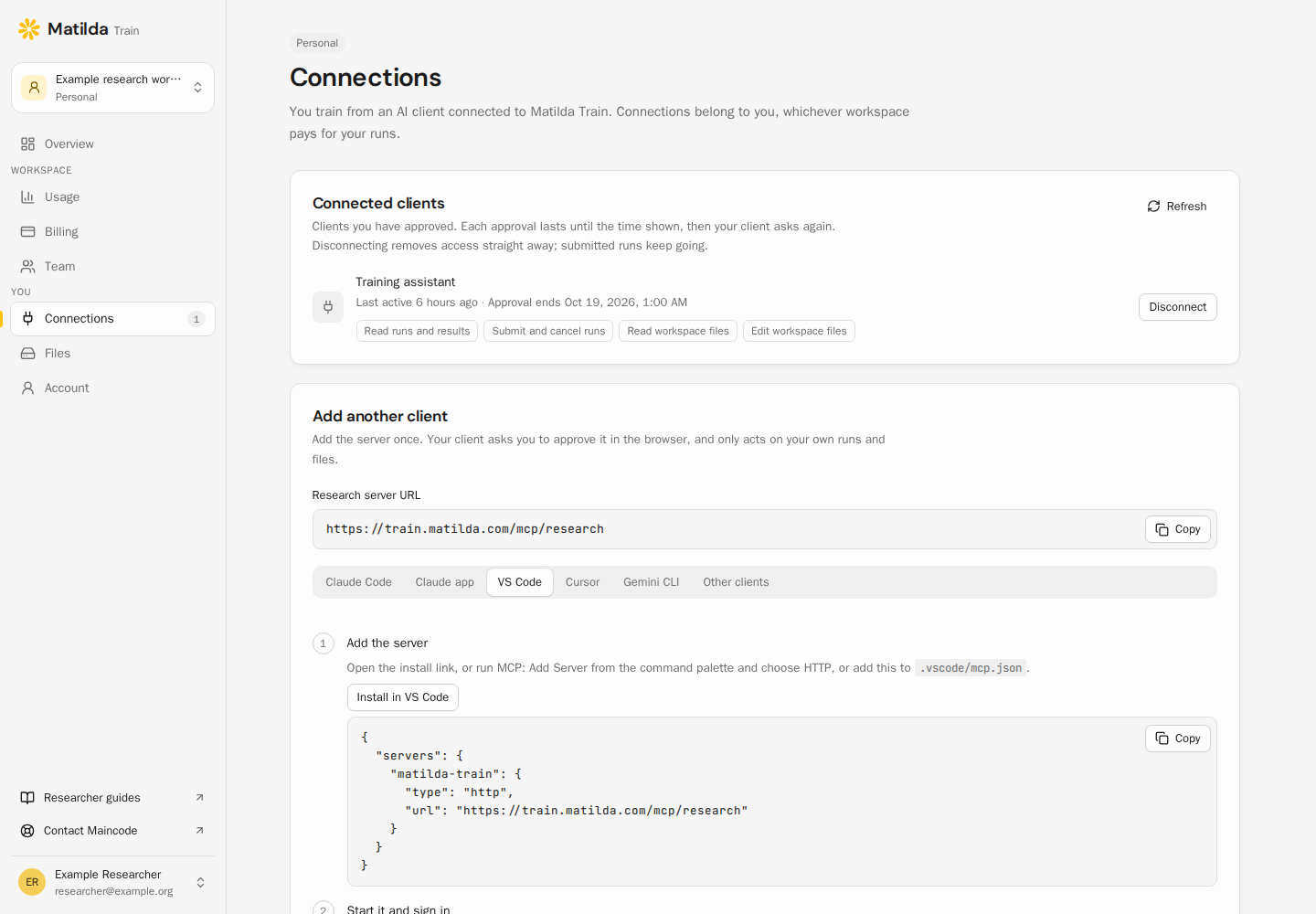 Matilda Train account showing remote client setup and connected-client permissions